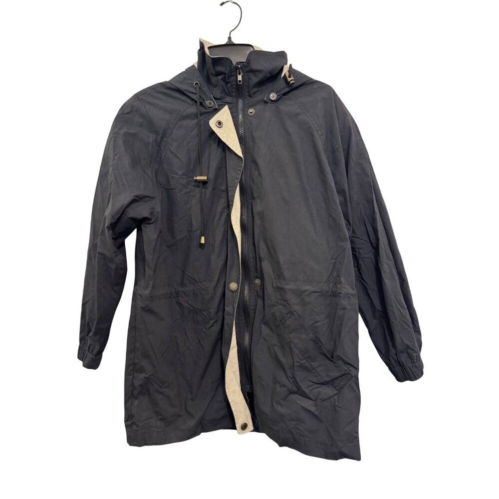 London Fog Hooded Jacket Womens Small Black Tan Lightweight Raincoat Stylish